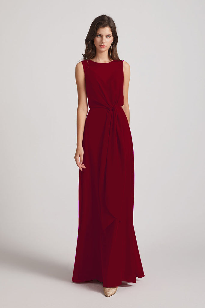 Alfa Bridal Dark Red Boat Neckline Bridesmaid Dresses with Waist Tie ...