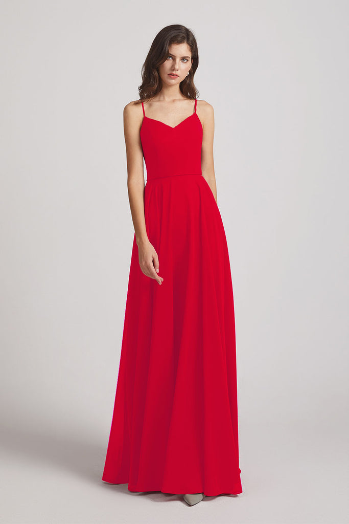 Alfa Bridal Dark Red Spaghetti Straps Chiffon A-Line Long Bridesmaid ...