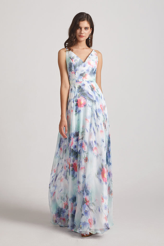 Chiffon Blue Flower Print Bridesmaid Dresses (AF0126) – AlfaBridal