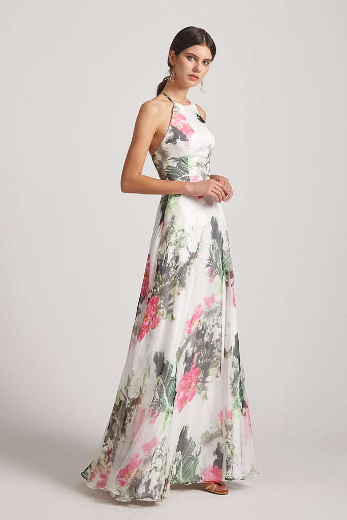 Floral Print Chiffon Halter Bridesmaid Dresses Ink Wash Painting (AF01 ...