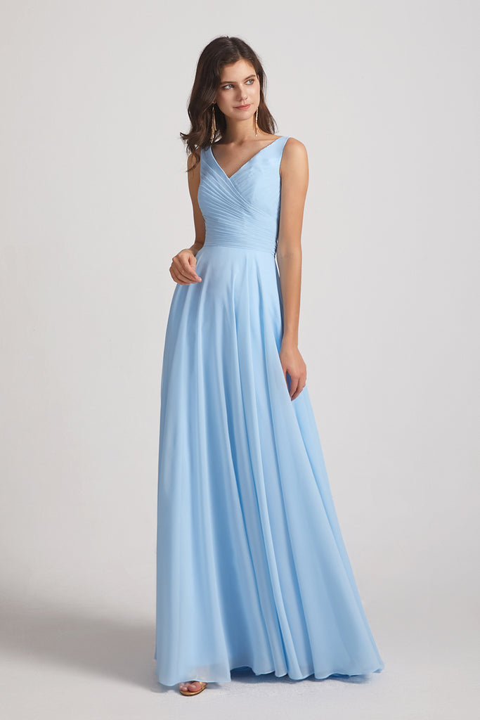 V-Neck Sleeveless Pleated Chiffon Bridesmaid Dresses with Back Tie (AF ...