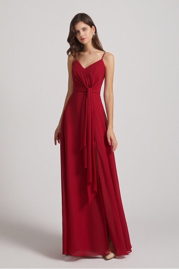 Spaghetti Straps V-Neck Waist-Tie Chiffon Bridesmaid Dresses