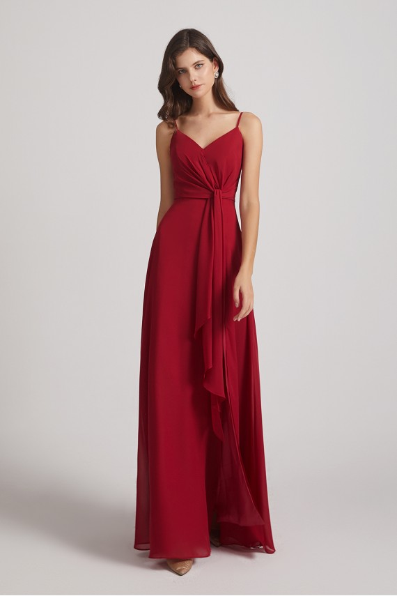 Spaghetti Straps V-Neck Waist-Tie Chiffon Bridesmaid Dresses