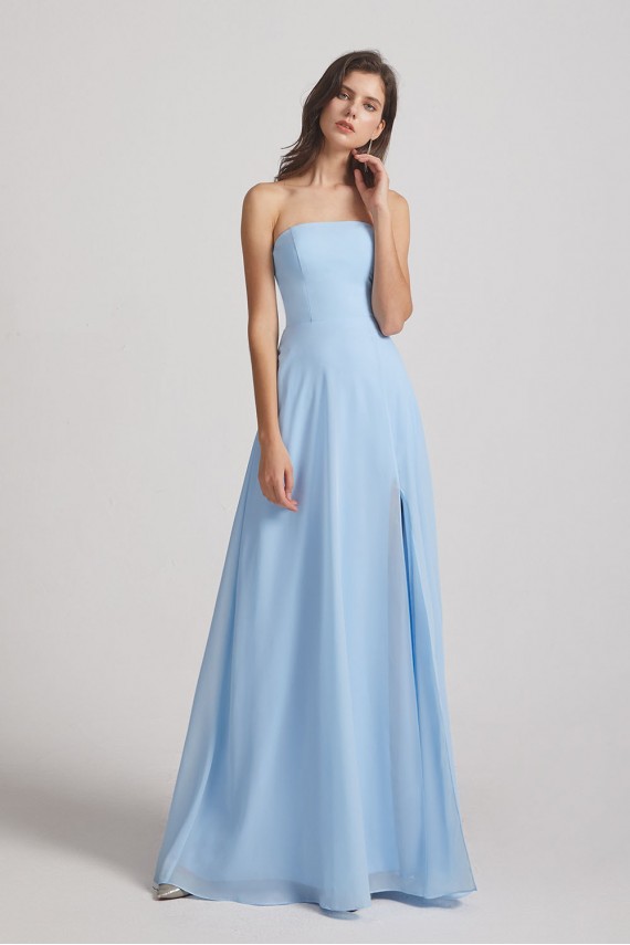 Strapless Chiffon Ruched Split Long Blue Bridesmaid Dresses