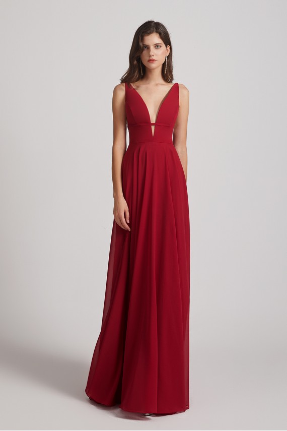 Straps Long Chiffon Plunging V-Neck Bridesmaid Dresses