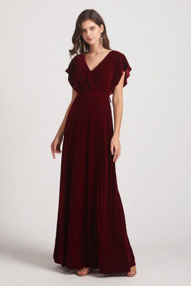 Velvet Flutter Sleeve Bridesmaid Dresses with Open Back