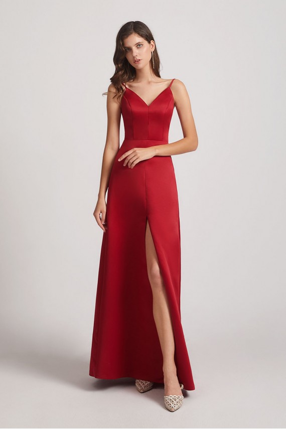 A-Line V-Neck Spaghetti Straps Satin Bridesmaid Dresses with Front Slit