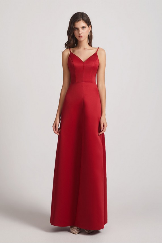 A-Line V-Neck Spaghetti Straps Satin Bridesmaid Dresses with Front Slit