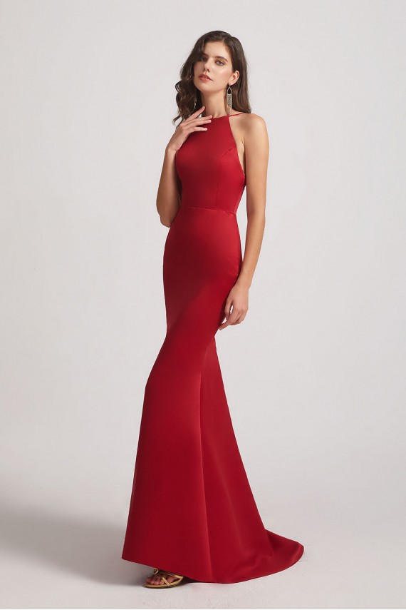 Satin Halter Criss-Cross Back Trumpet Bridesmaid Dresses