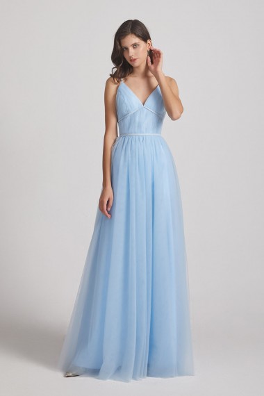 Backless Tulle V-Neck Spaghetti Straps A-Line Bridesmaid Dresses