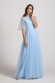 One Shoulder Flutter Sleeve A-Line Tulle Long Bridesmaid Dresses