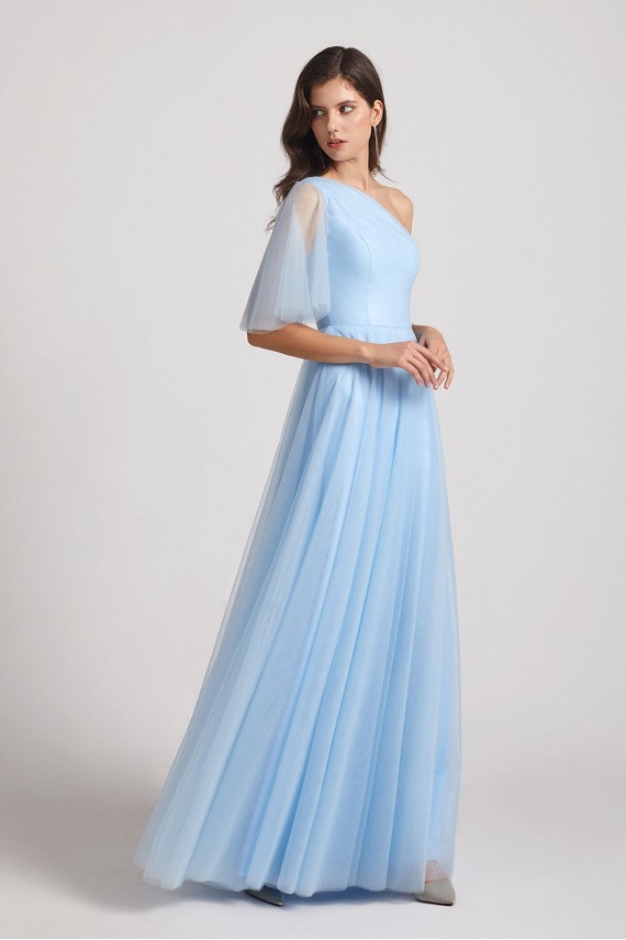 One Shoulder Flutter Sleeve A-Line Tulle Long Bridesmaid Dresses