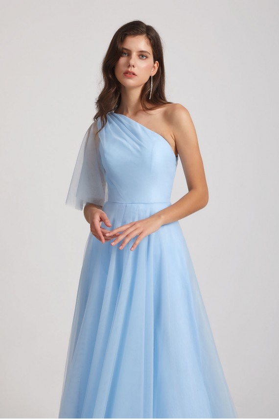 One Shoulder Flutter Sleeve A-Line Tulle Long Bridesmaid Dresses