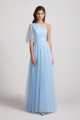 One Shoulder Flutter Sleeve A-Line Tulle Long Bridesmaid Dresses