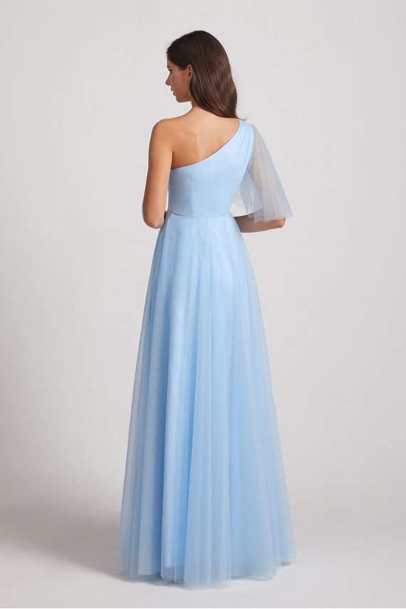 One Shoulder Flutter Sleeve A-Line Tulle Long Bridesmaid Dresses