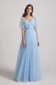 Princess V-Neck Long Flutter Sleeve Bridesmaid Dresses with Open Back