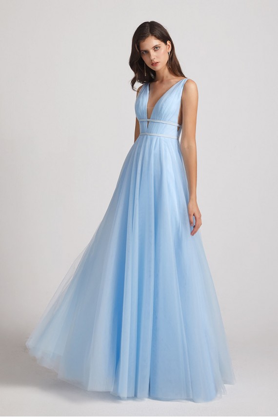 Plunging V-Neck Straps Tulle Long Bridesmaid Dresses