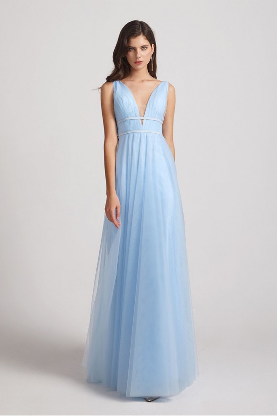 Plunging V-Neck Straps Tulle Long Bridesmaid Dresses