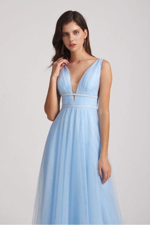 Plunging V-Neck Straps Tulle Long Bridesmaid Dresses