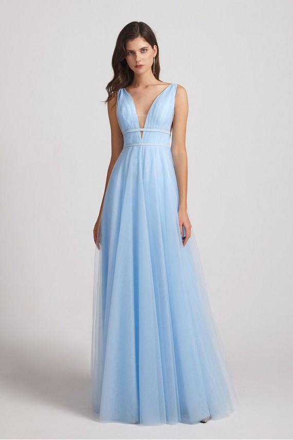 Plunging V-Neck Straps Tulle Long Bridesmaid Dresses