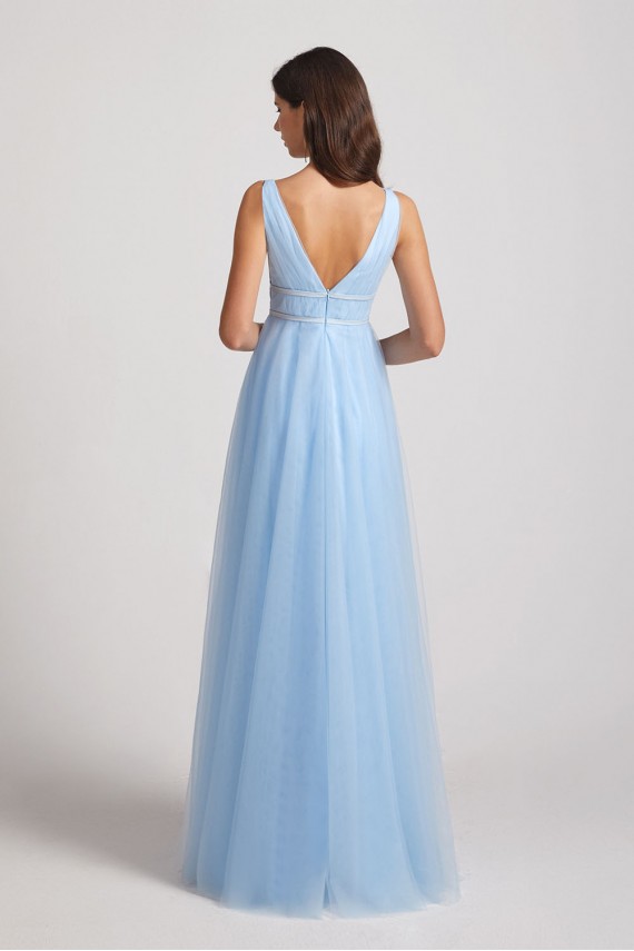 Plunging V-Neck Straps Tulle Long Bridesmaid Dresses