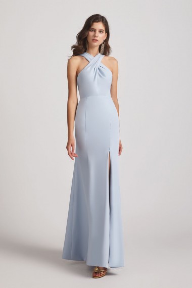 Sheath Cross Neck and Back Bridesmaid Dresses with Thigh Slit