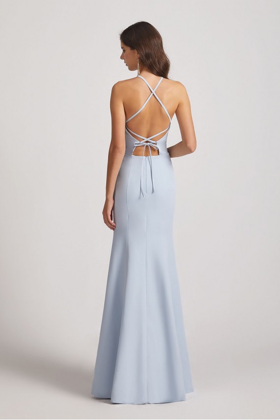 Halter Criss Cross Back Blue Long Bridesmaid Dresses