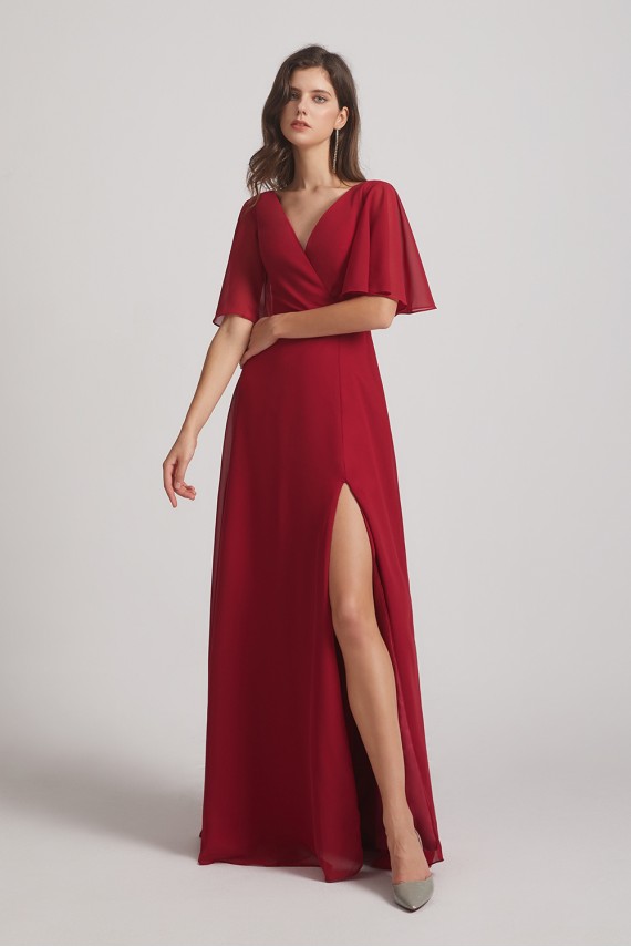 V-Neck Chiffon Side Slit Bridesmaid Dresses With Flutter Half Sleeves