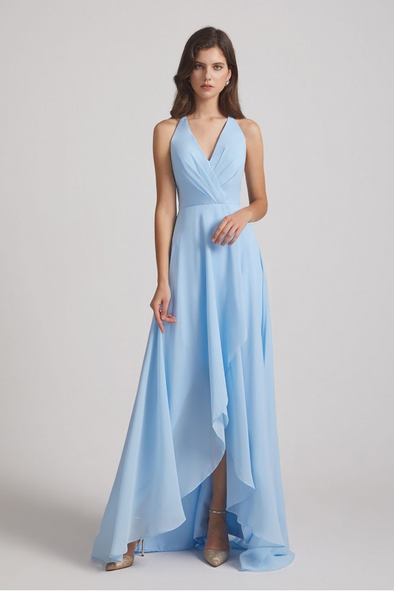 V-Neck Sleeveless Criss-Cross Back Asymmetrical Hi-Lo Bridesmaid Dresses