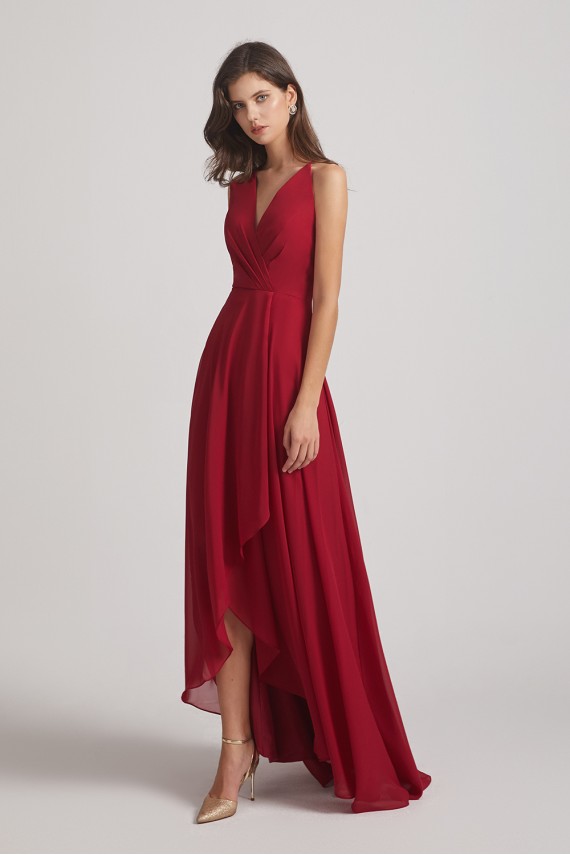 Straps V-Neck Chiffon Country High Low Bridesmaid Dresses