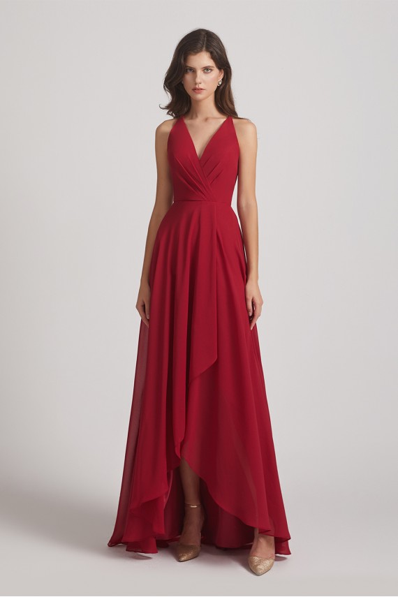 Straps V-Neck Chiffon Country High Low Bridesmaid Dresses