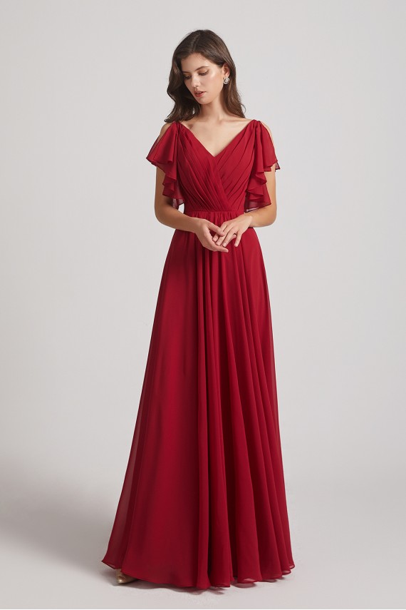 V-Neck Pleated Chiffon Bridesmaid Dresses with Open Flutter Sleeves