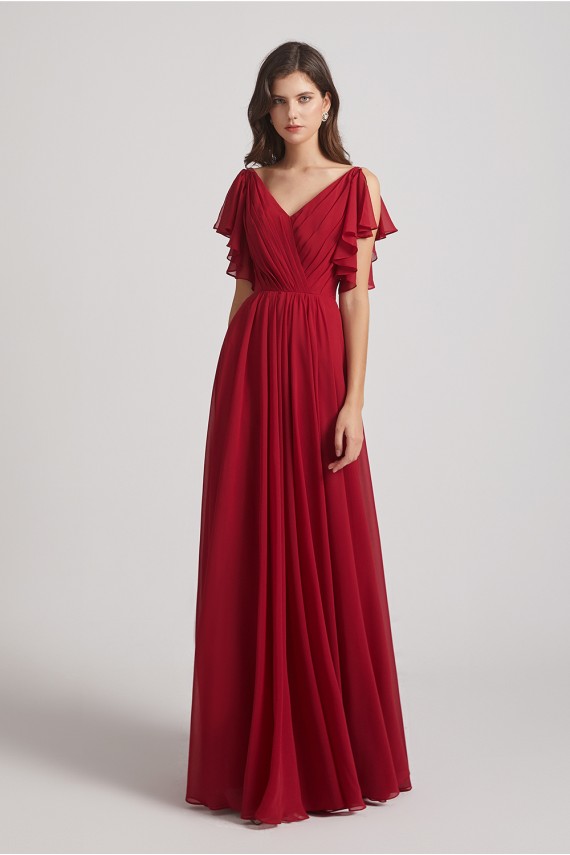 V-Neck Pleated Chiffon Bridesmaid Dresses with Open Flutter Sleeves