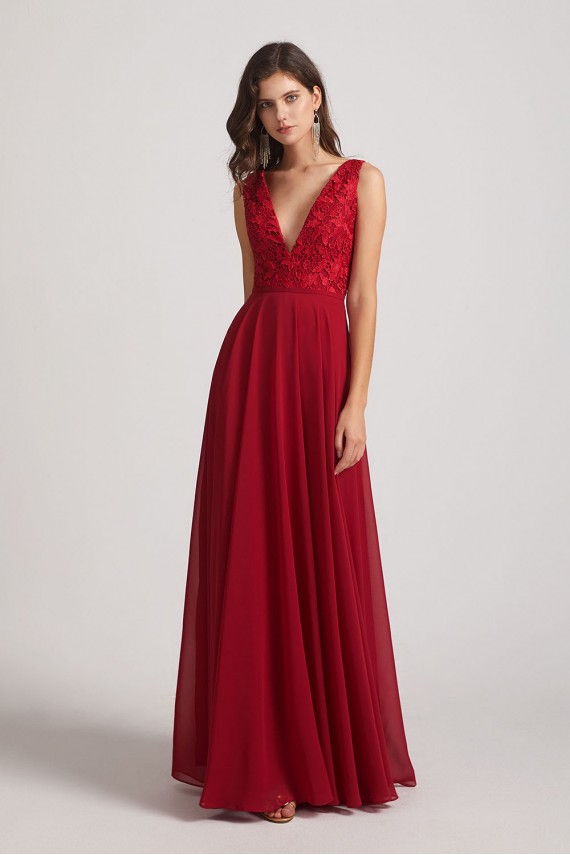 Double V-Neck Straps Lace Top Long Sexy Bridesmaid Dresses