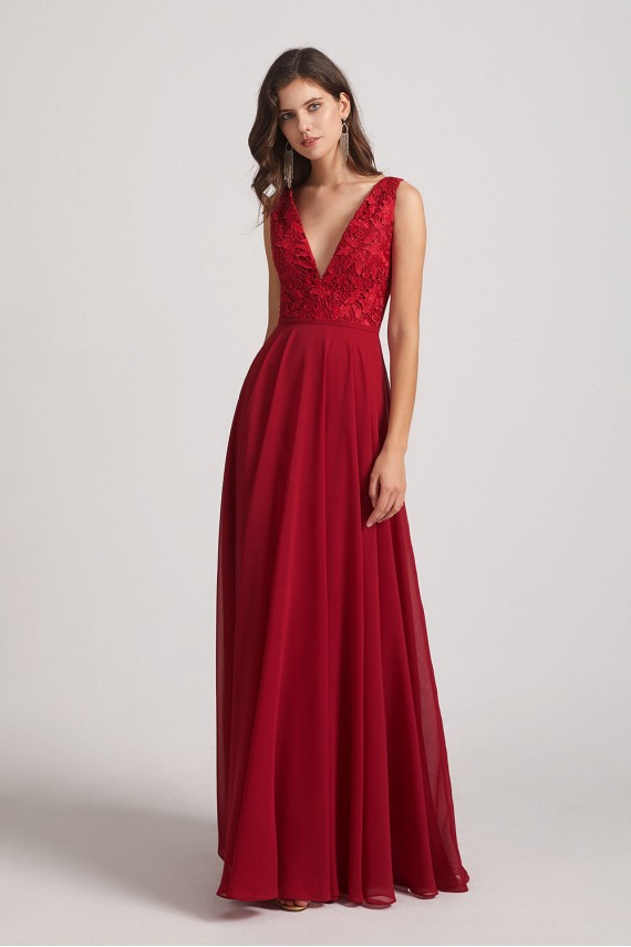 Double V-Neck Straps Lace Top Long Sexy Bridesmaid Dresses