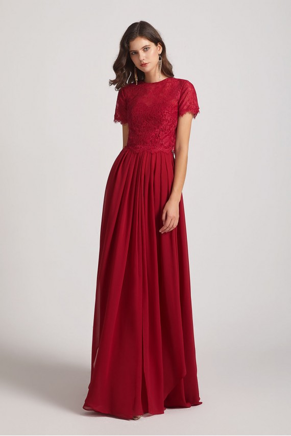 Jewel Lace Top Short Sleeve Long Chiffon Bridesmaid Dresses