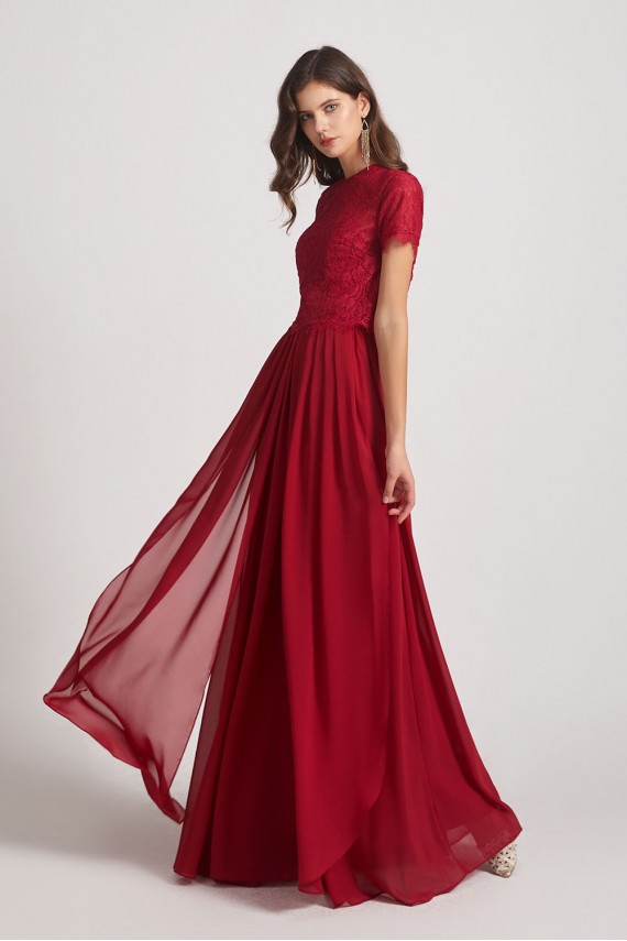 Jewel Lace Top Short Sleeve Long Chiffon Bridesmaid Dresses