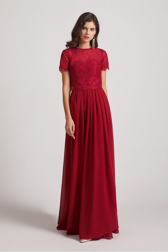 Jewel Lace Top Short Sleeve Long Chiffon Bridesmaid Dresses