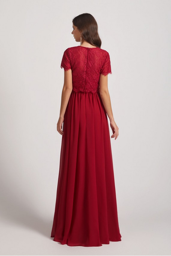 Jewel Lace Top Short Sleeve Long Chiffon Bridesmaid Dresses