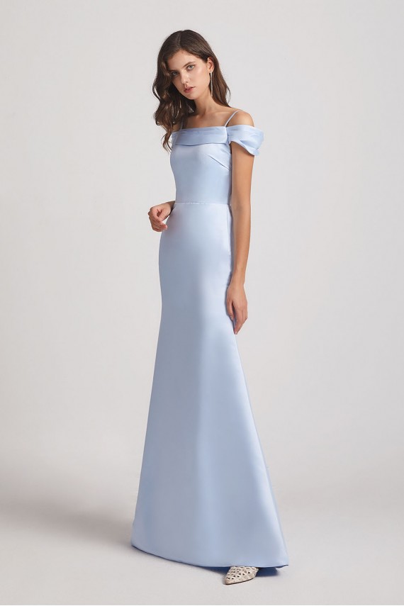 Cold Shoulder Blue Satin Long Trumpet Bridesmaid Dresses