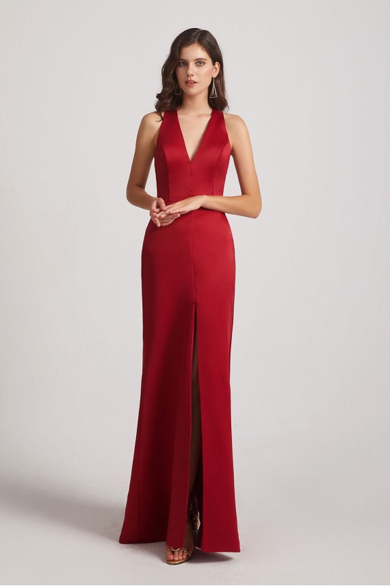 V-Neck Straps Front Split Long Satin Bridesmaid Dresses