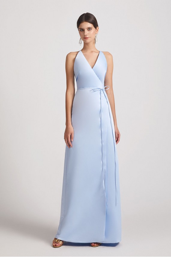 V-Neck Tie-Waist Faux Wrap Bridesmaid Dresses with Open Back