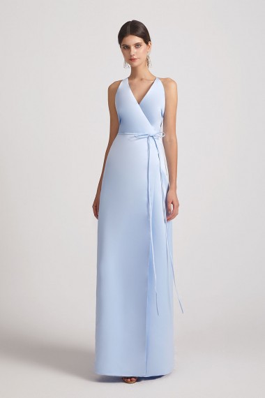 V-Neck Tie-Waist Faux Wrap Bridesmaid Dresses with Open Back