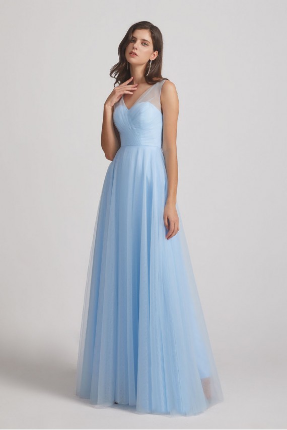 V-Neck Sleeveless Sheer Back Long Tulle Bridesmaid Dresses