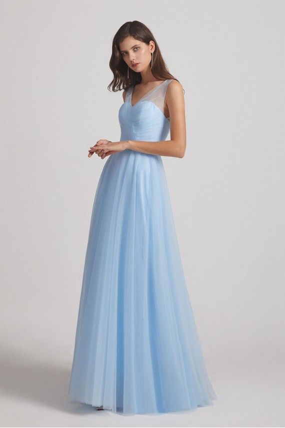 V-Neck Sleeveless Sheer Back Long Tulle Bridesmaid Dresses