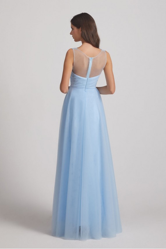 V-Neck Sleeveless Sheer Back Long Tulle Bridesmaid Dresses