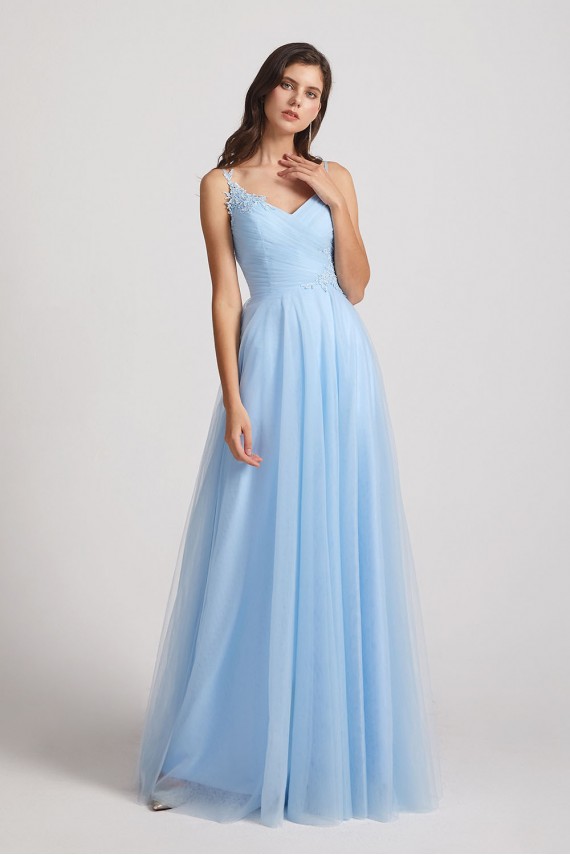 Spaghetti Straps V-Neck Pleated Long Tulle Bridesmaid Dresses