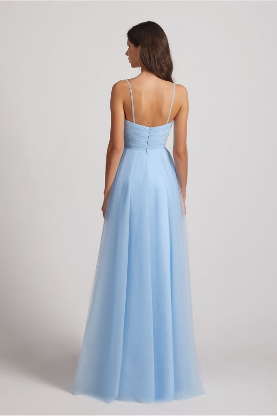 Spaghetti Straps V-Neck Pleated Long Tulle Bridesmaid Dresses