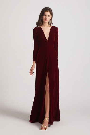 Sexy Long Sleeve Velvet Bridesmaid Dresses with Illusion Deep V-Neck