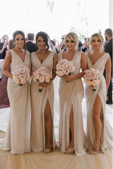 Sexy Long Chiffon Champagne Bridesmaid Dresses with High Slit and Front Ruffles